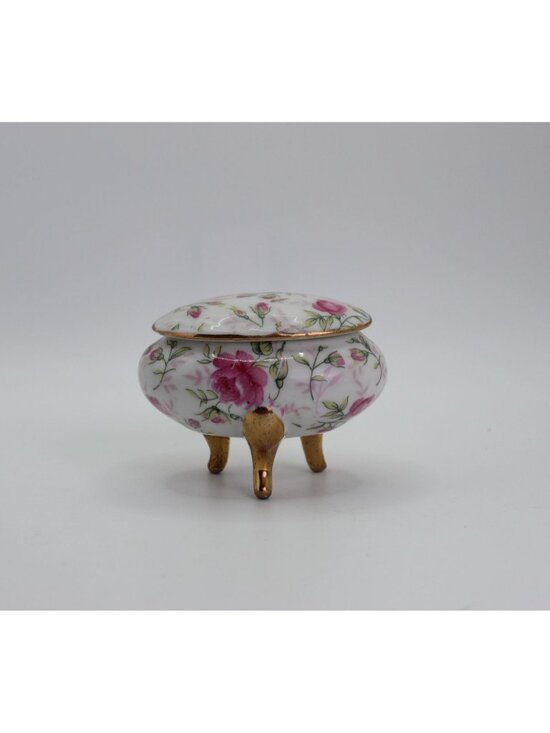 Vintage Floral Porcelain Footed Trinket Box With Lid & Gold Accents - Picture 1 of 9
